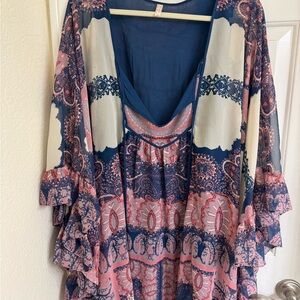 Free People Marla Dreams Ruffle Trim Tunic with Pink and Blue Patterns LG